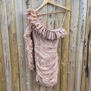 House of cb adel asymmetric ruffle mini dress in biscuit color